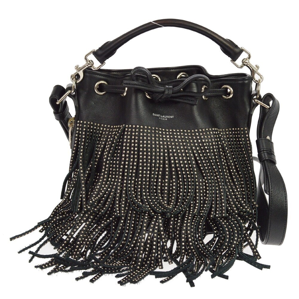 Saint Laurent Fringe Emmanuelle Bucket Studded Leather Small